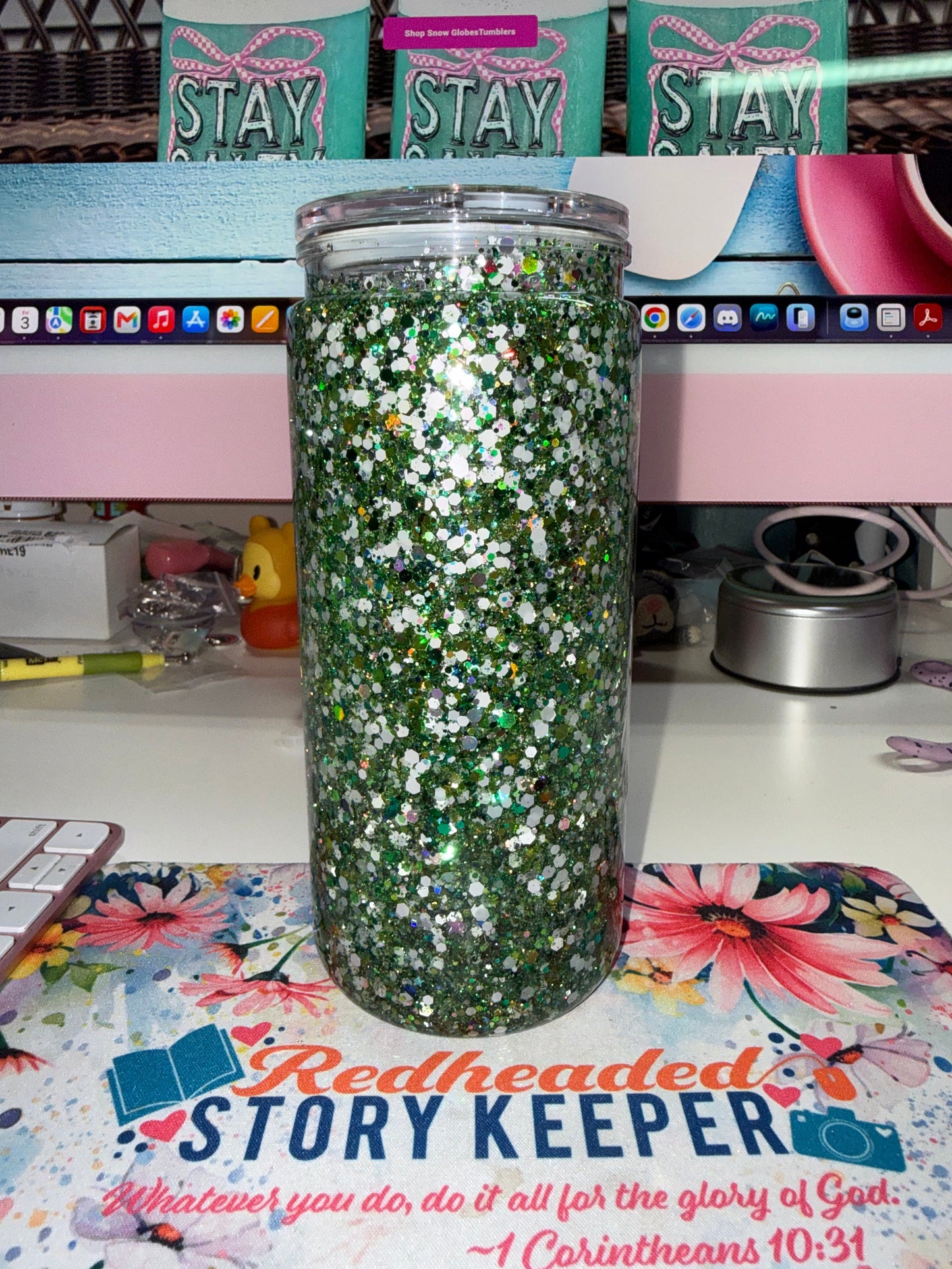 20 oz Eagles Glitter Tumbler - side view showing full chunky green and holographic white silver glitter wrap on clear double-wall acrylic tumbler