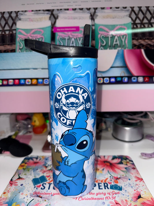 20 oz Ohana Coffee Stitch Duo Tumbler - front view showing Stitch Ohana Coffee logo on blue drip background with black Duo lid