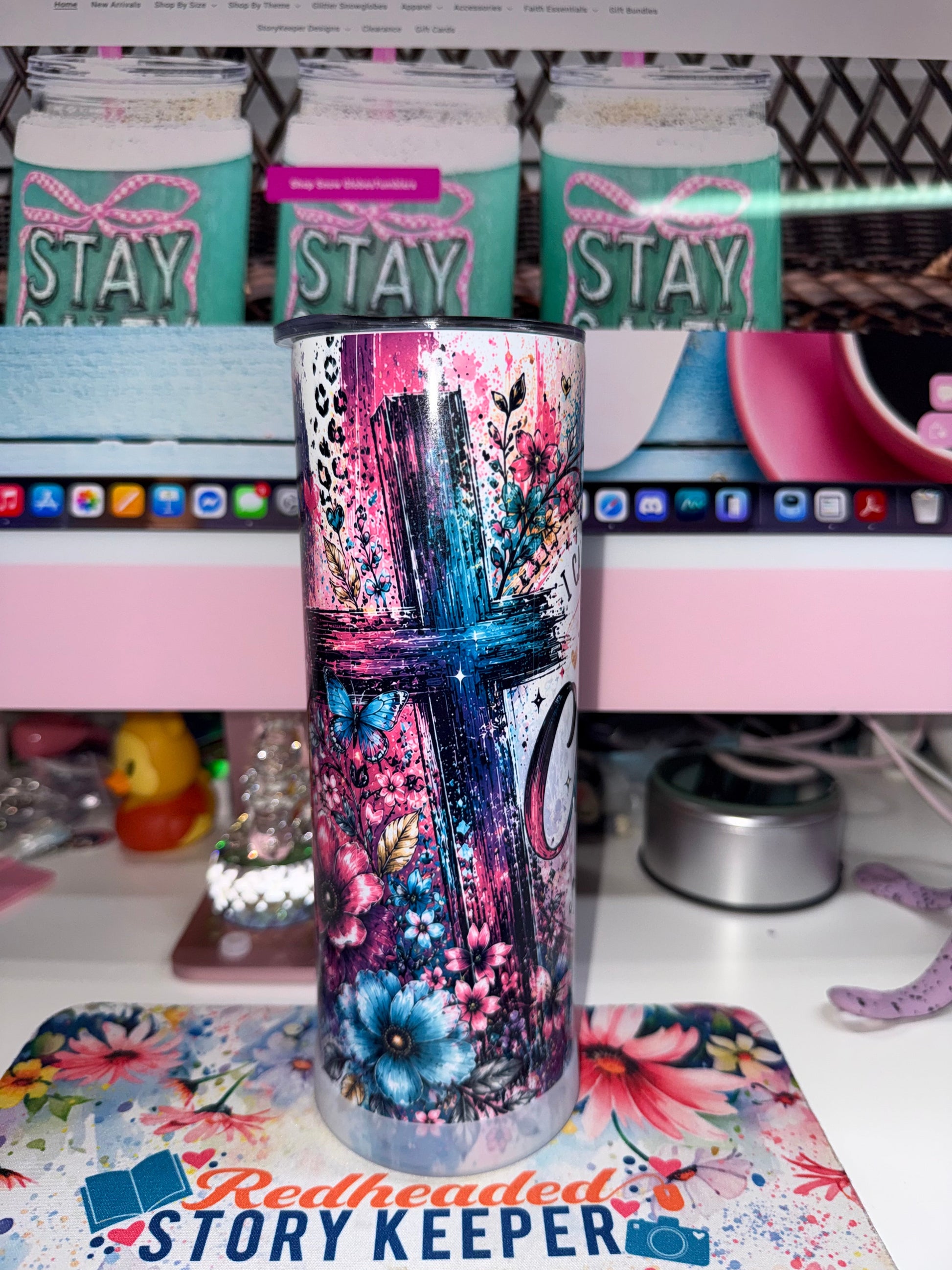 20 oz I Can Do All Things Through Christ Tumbler - side view showing bold cross with pink and teal floral bouquet and leopard print accents