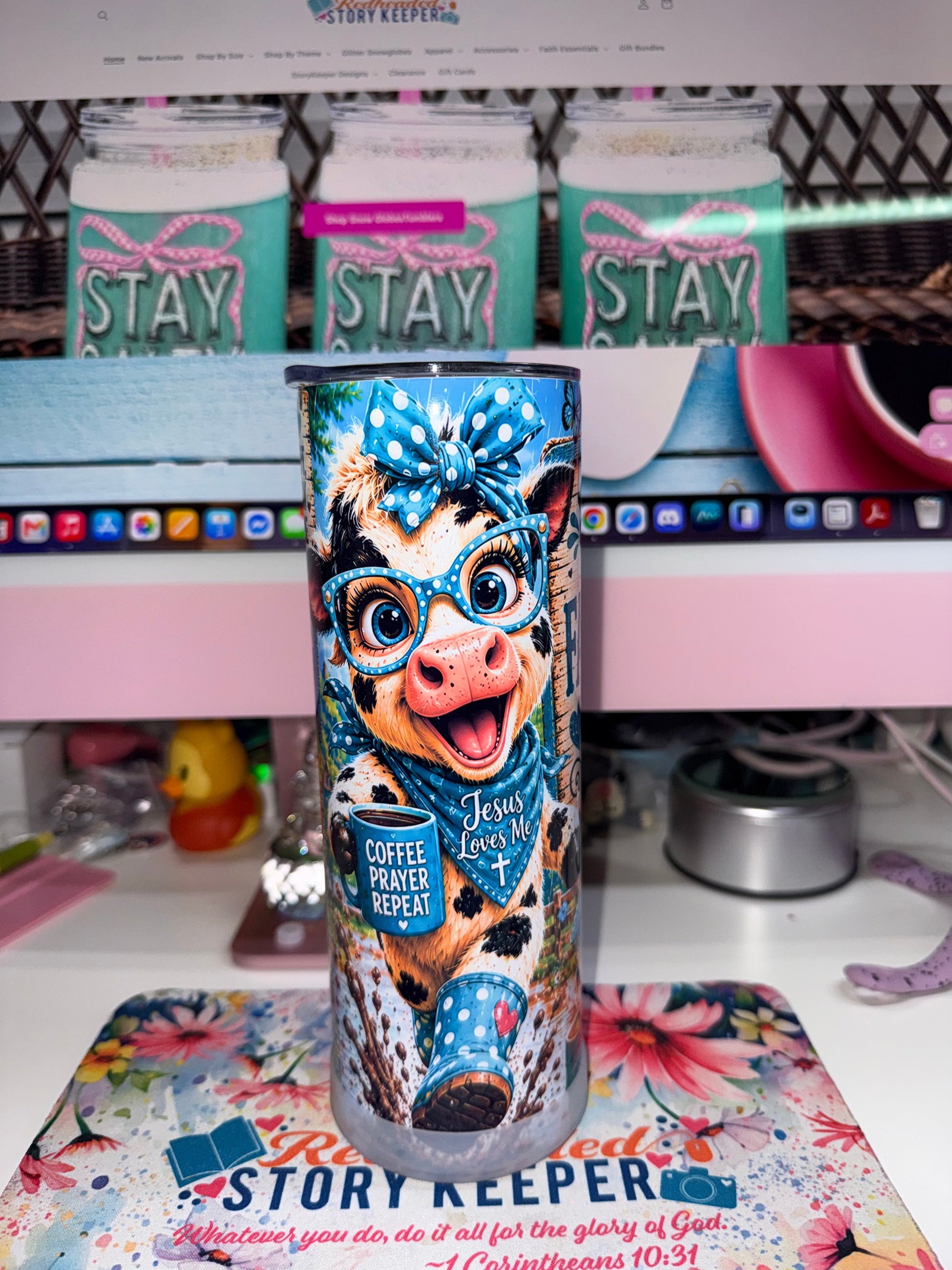 20 oz Running on Faith Coffee and Grace Tumbler - side 4 showing adorable cow in blue polka dot bow and glasses holding Coffee Prayer Repeat mug with Jesus Loves Me bandana