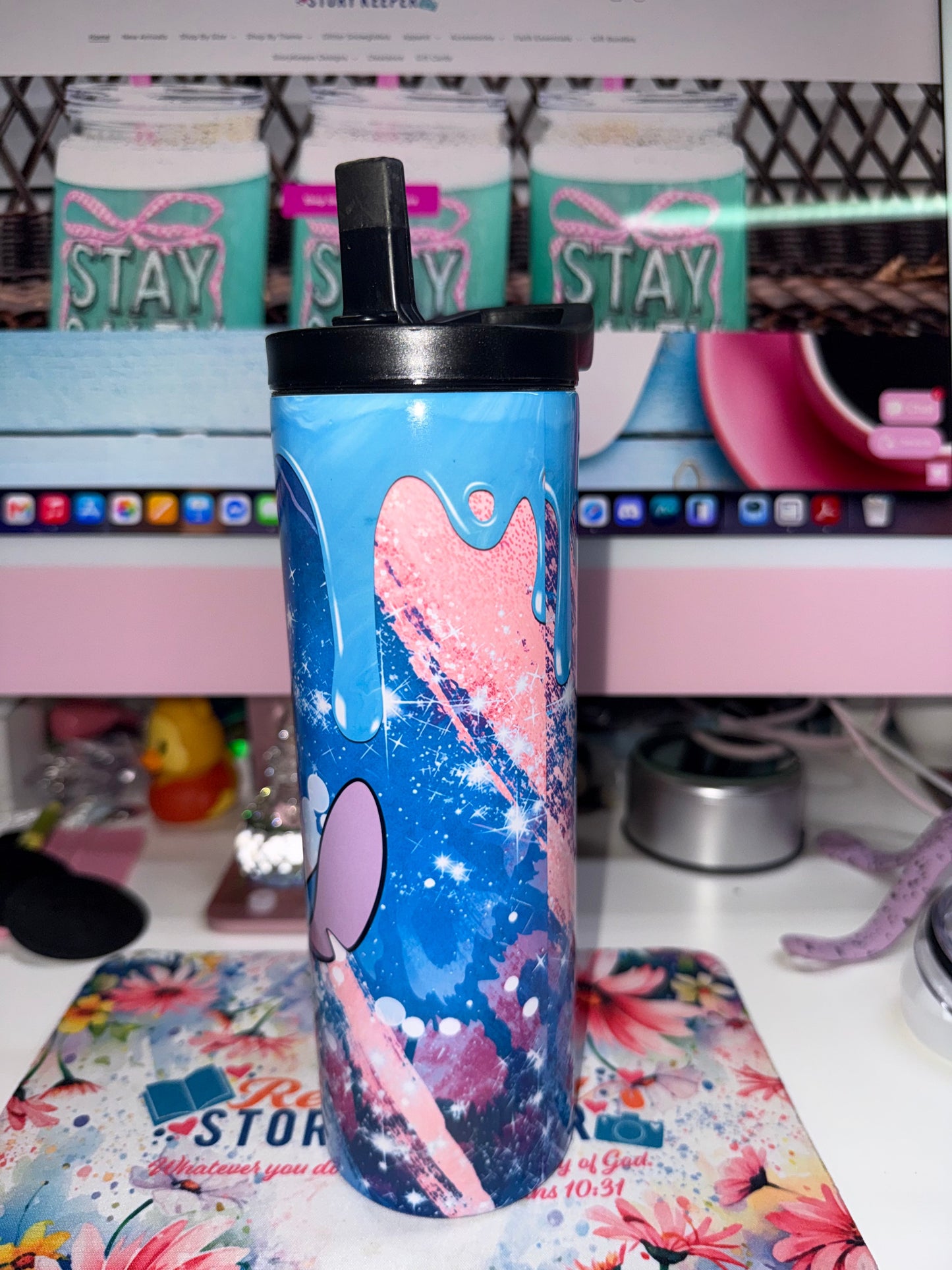 20 oz Ohana Coffee Stitch Duo Tumbler - back angle showing full galaxy and pink splash wrap design
