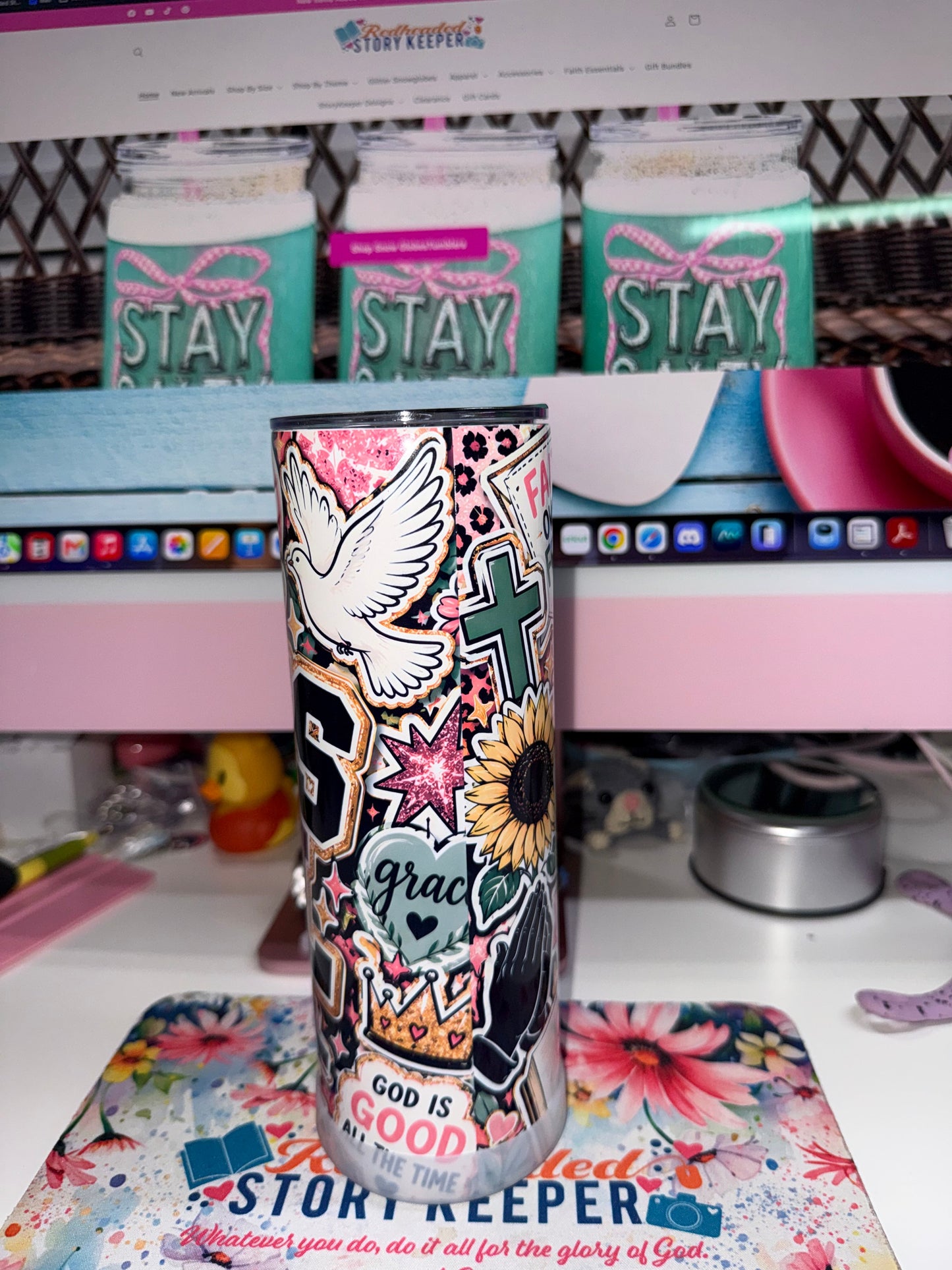 20 oz Blessed Jesus Girl Tumbler - back view showing dove, cross, sunflower, grace and God is Good All the Time design