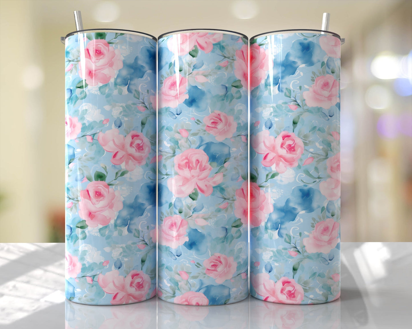 Blue and Pink floral 20 oz Tumbler The Redheaded StoryKeeper