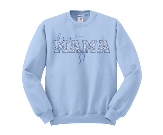 Light blue sweatshirt with 'boy MAMA' text on a white background
