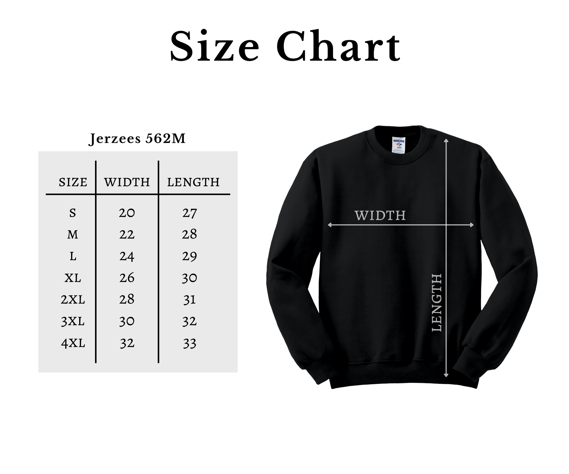 Crew neck sweatshirt size chart