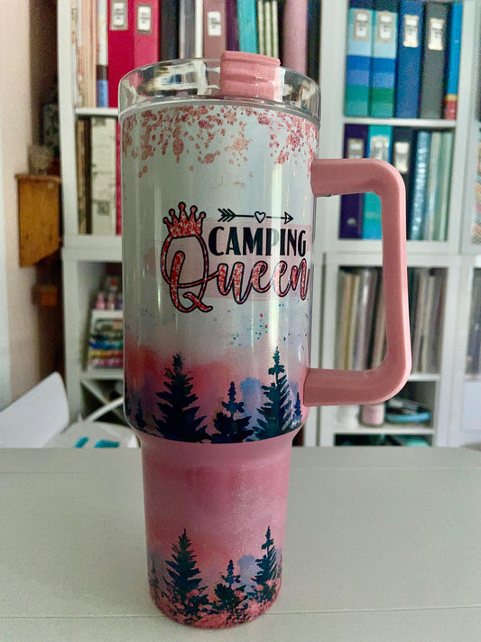 40 oz Pink Ombre Holographic Travel Tumbler - Camping Queen