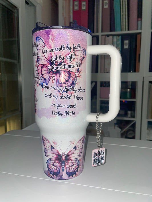 40 oz Purple Butterflies Scripture Holographic Big Swig Tumbler