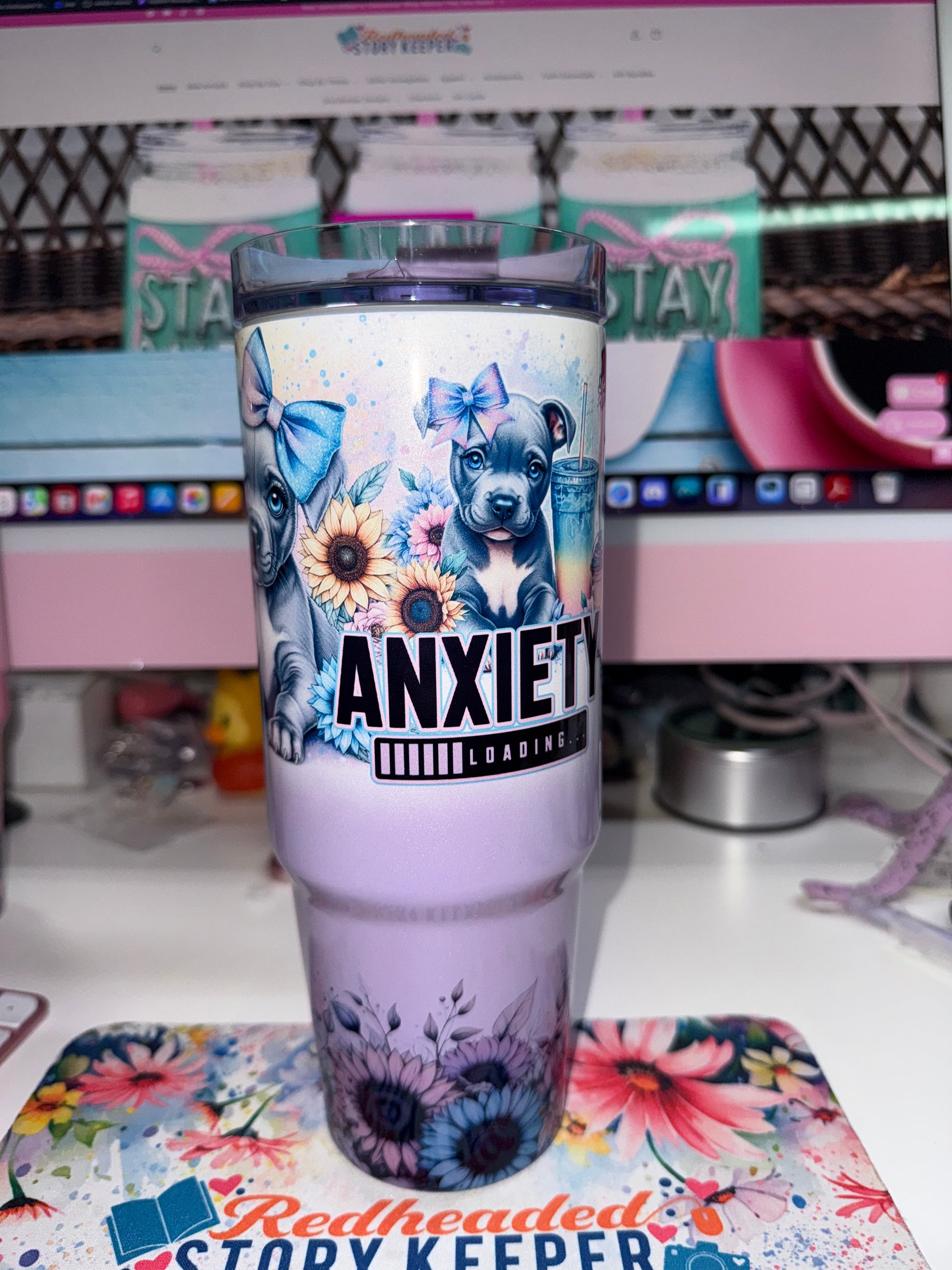 30 oz Anxiety Loading Grippy Tumbler Limited Edition - front view showing two pitbull puppies with blue bows and sunflowers with ANXIETY LOADING progress bar text on white to lavender ombre