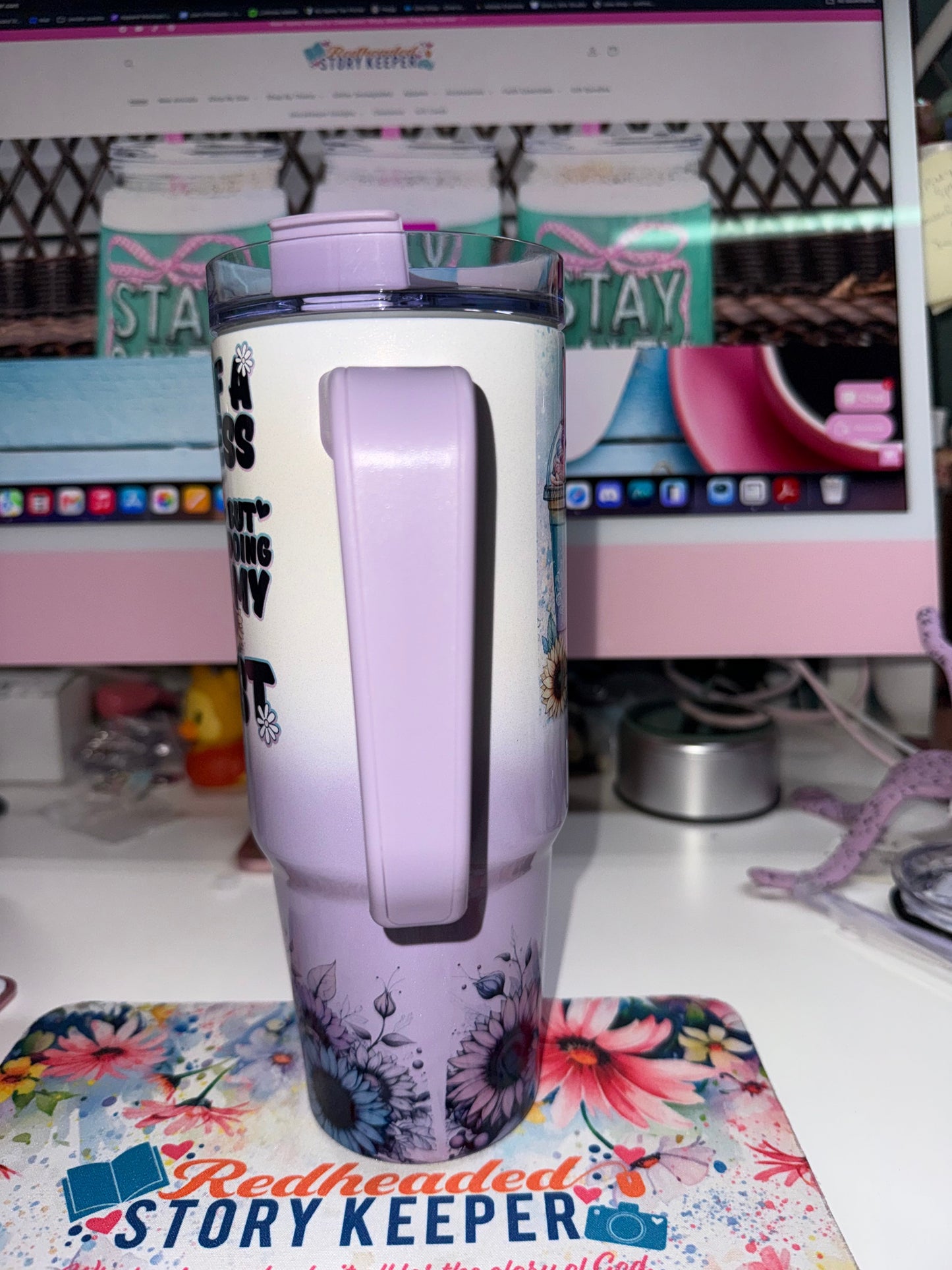30 oz Anxiety Loading Grippy Tumbler Limited Edition - handle side view showing purple carry handle and moody sunflower base on lavender ombre tumbler