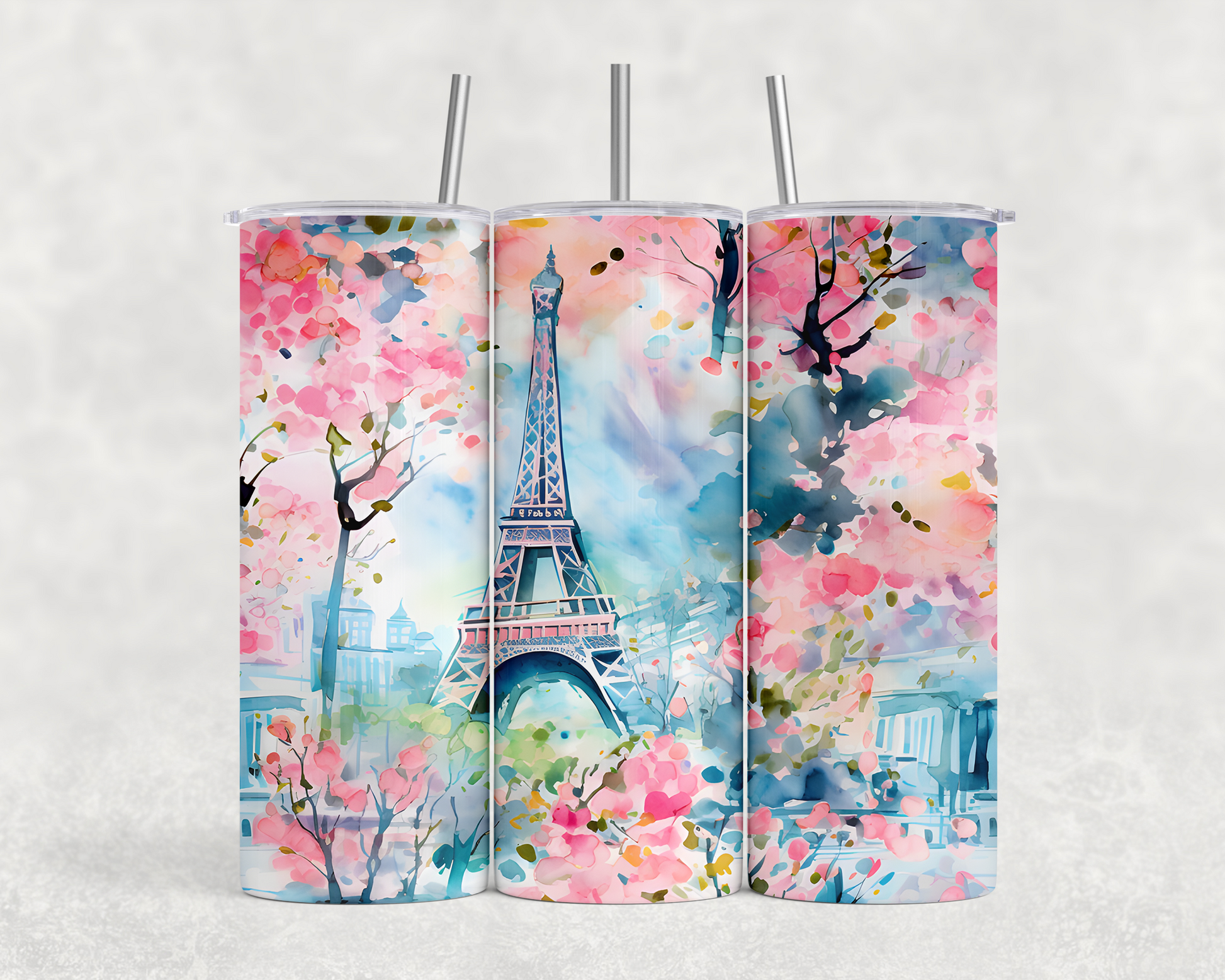 20 oz Eiffel Tower Watercolor Glitter Tumbler - The Redheaded StoryKeeper