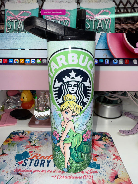 20 oz Fairy Starbucks Duo Tumbler - front view showing Tinker Bell and Starbucks logo on mint green glitter