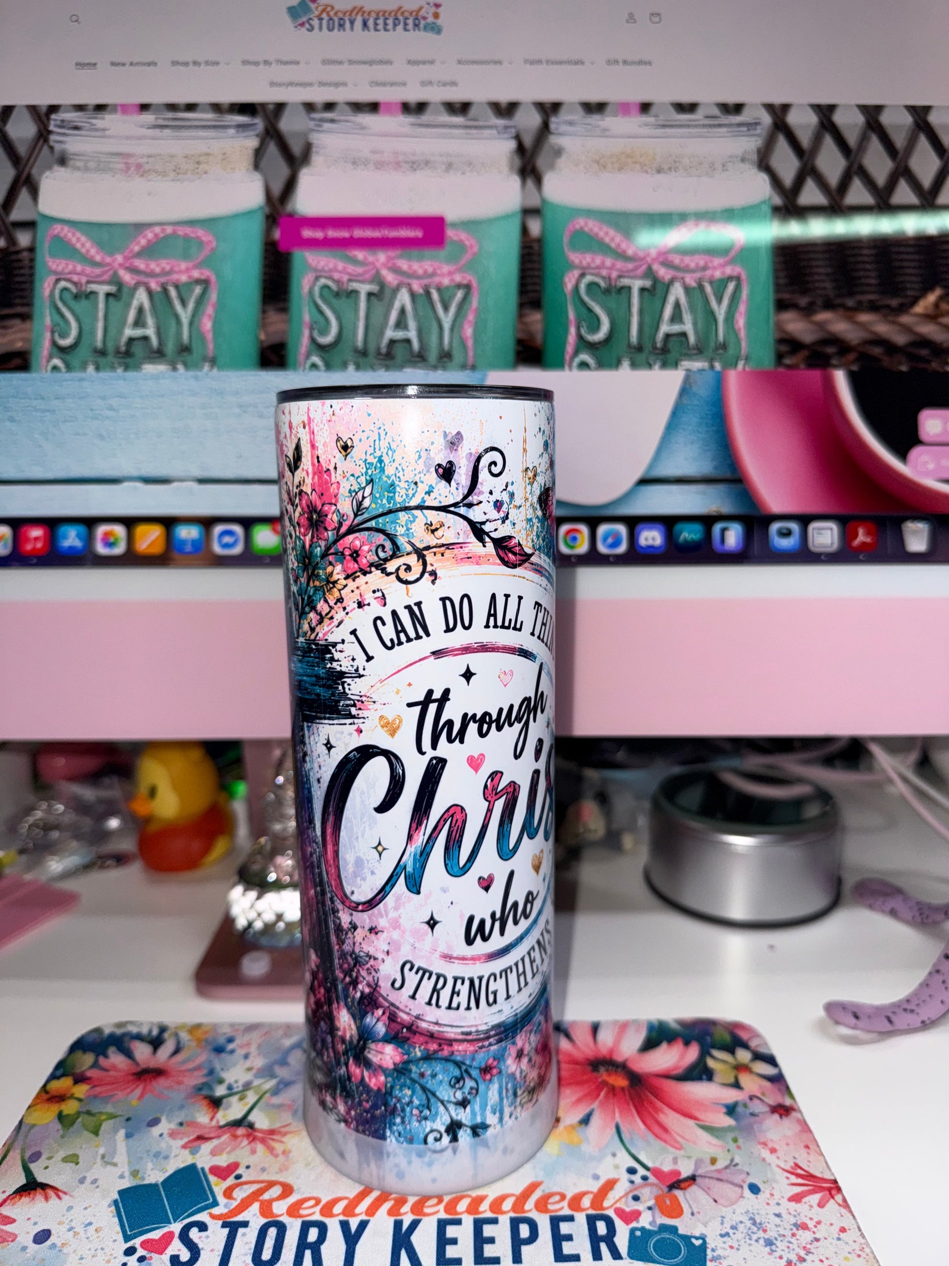 20 oz I Can Do All Things Through Christ Tumbler - front view showing Philippians 4:13 scripture in script with watercolor floral and butterfly design