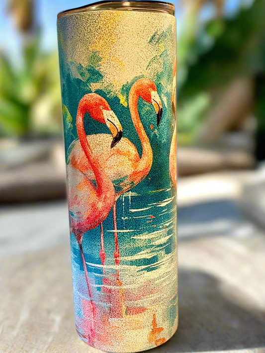 Glitter flamingos tumbler side view