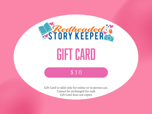 Redheaded Story Keeper gift card on a pink background
