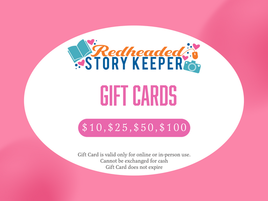 Redheaded Story Keeper gift card with various denominations on a pink background