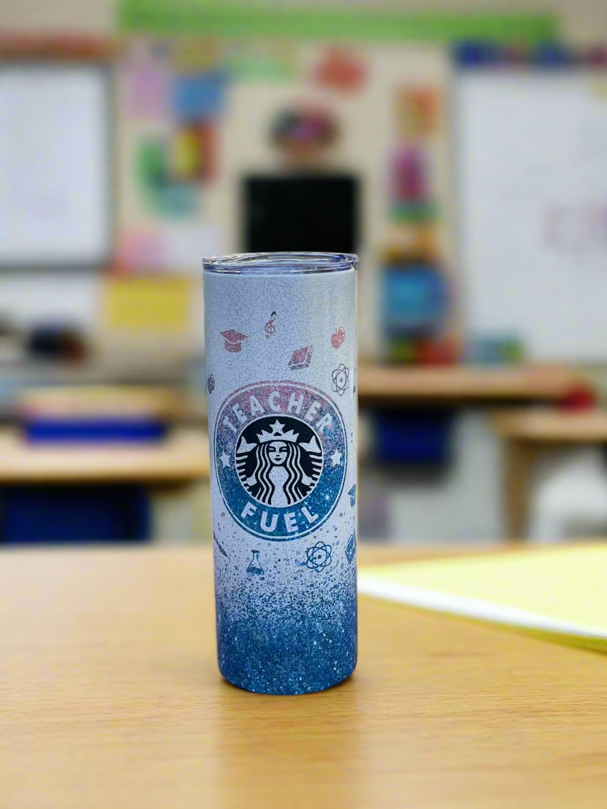 20 oz Glitter Teacher Fuel Tumbler Front View