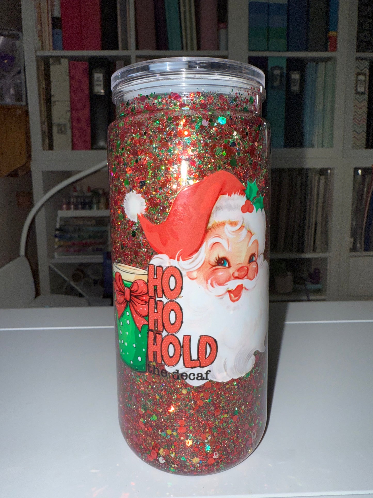 16 oz Acrylic Snowglobe Tumbler- Ho Ho Hold the decaf - The Redheaded StoryKeeper