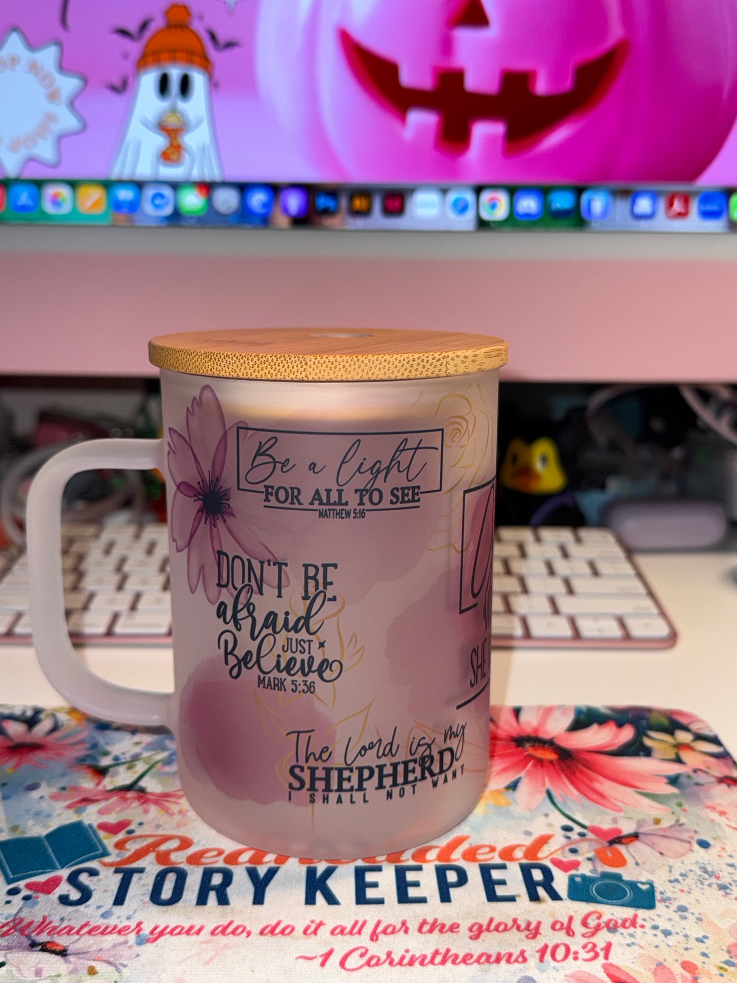 God Is Within Her 17 oz Matte Glass Mug with Bamboo Lid & Straw