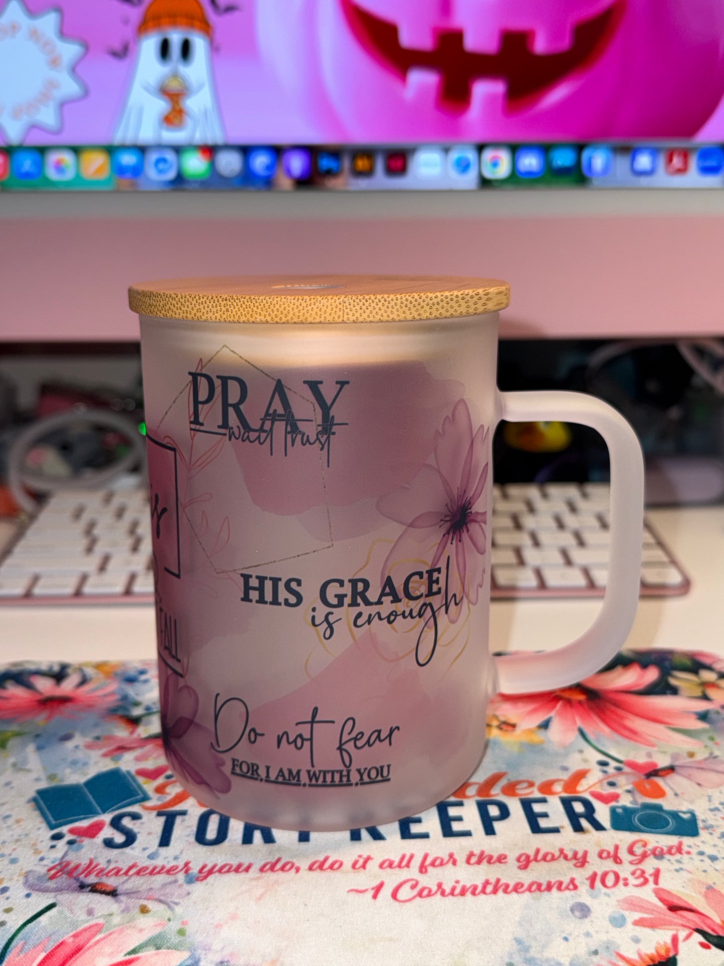 God Is Within Her 17 oz Matte Glass Mug with Bamboo Lid & Straw