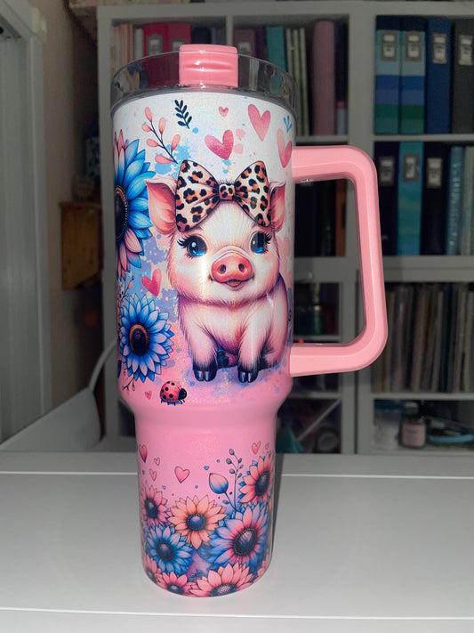 40 oz Pink Ombre Holographic Travel Tumbler - Sweet Piggies
