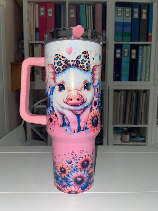 40 oz Pink Ombre Holographic Travel Tumbler - Sweet Piggies