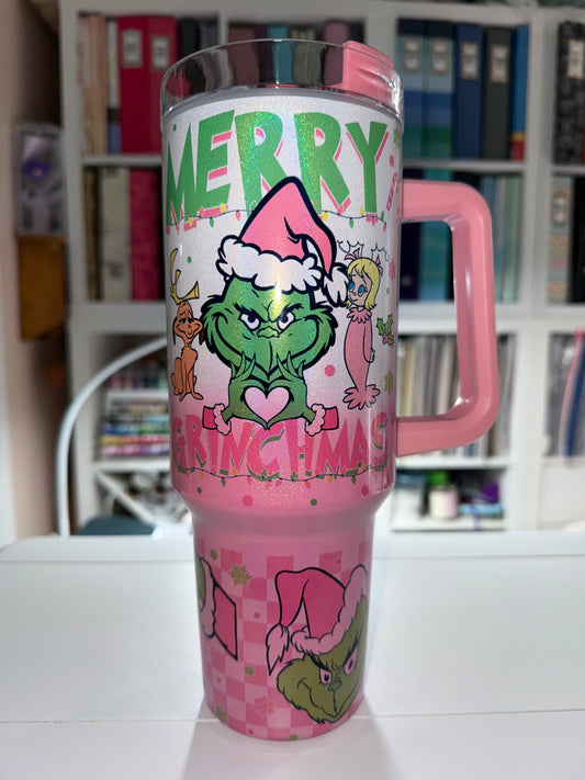 40 oz Pink Ombre Travel Tumbler -Grinchmas