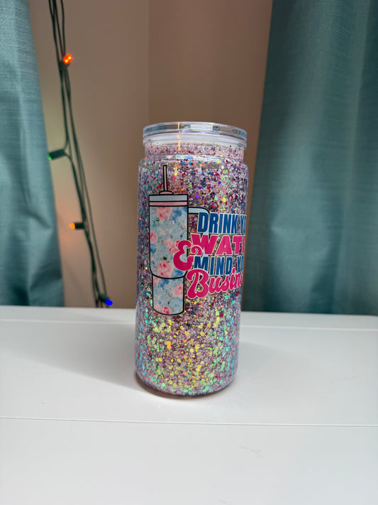 16 oz Drink Your Water Mind Your Business Glitter Tumbler