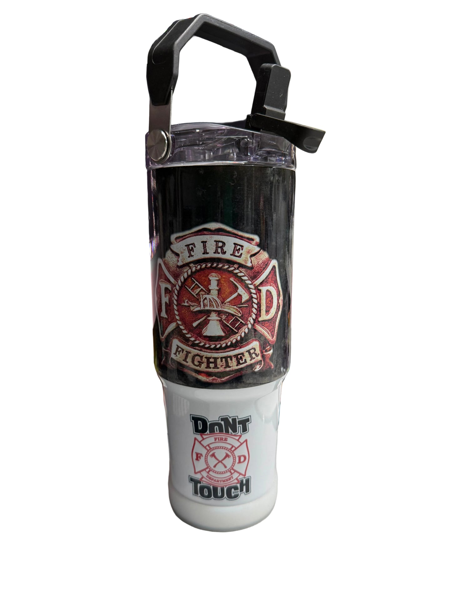 Close-up of a fire extinguisher with visible branding on a cluttered background