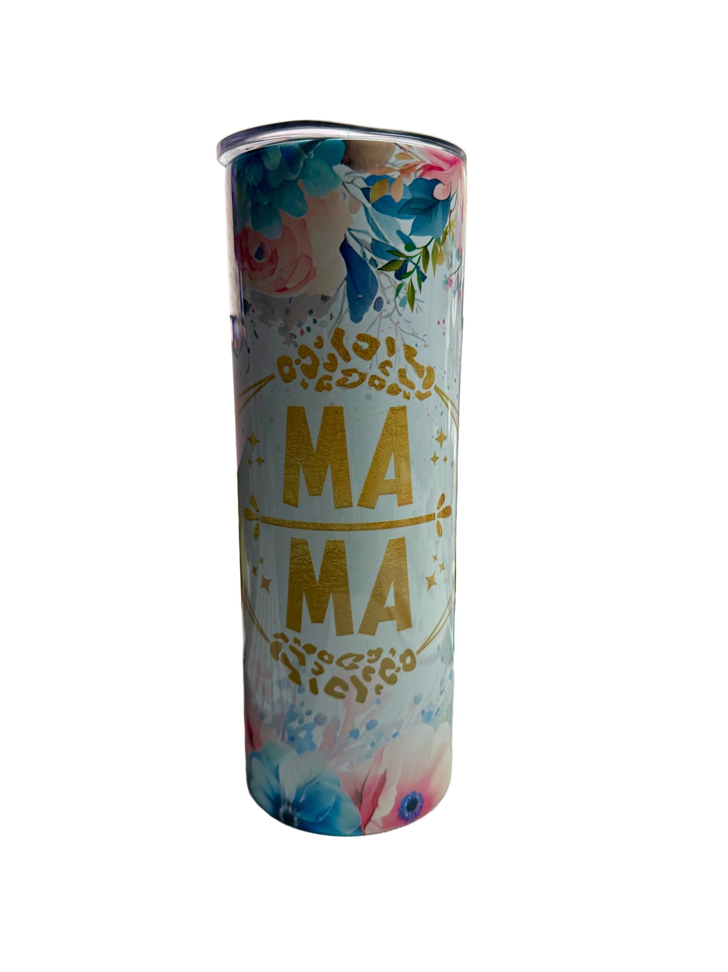Floral-patterned tumbler with 'MAMA' text on a desk