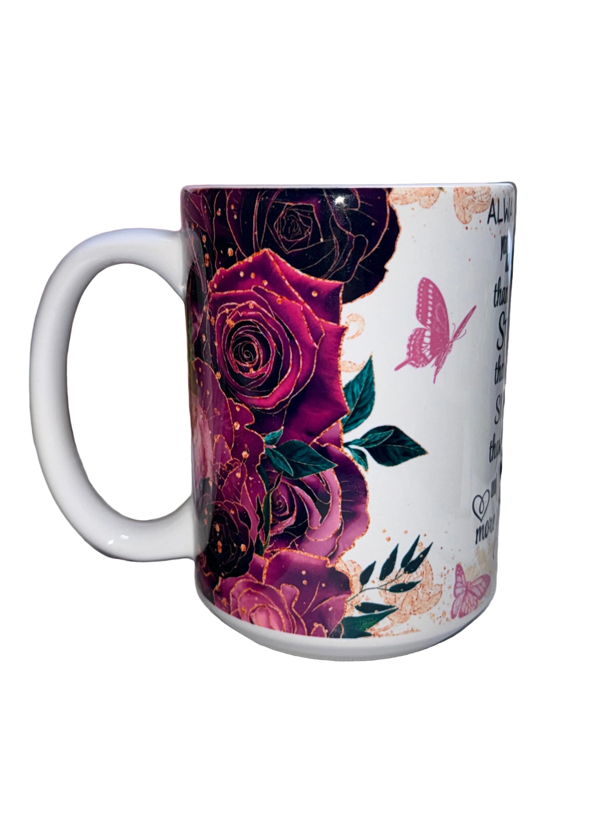 side view of mug purple florals