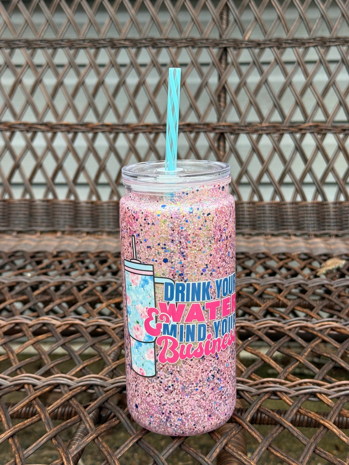 20 oz Drink Your Water & Mind Your Business Glitter Snowglobe Tumbler
