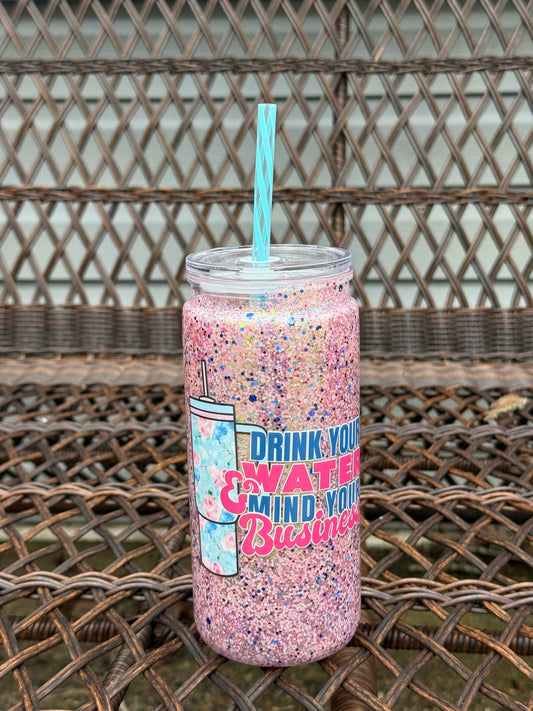 20 oz Drink Your Water & Mind Your Business Glitter Snowglobe Tumbler