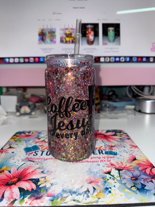 16 oz Coffee & Jesus Every Day Acrylic Snow Globe Tumbler
