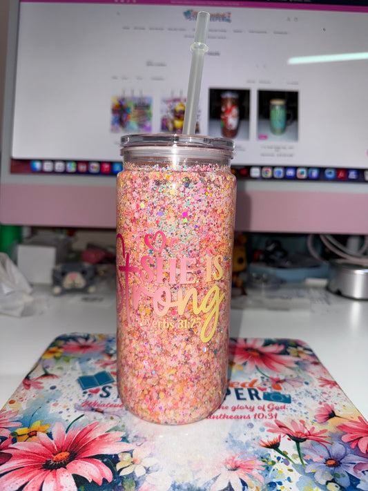 20 oz She Is Strong Acrylic Snow Globe Tumbler