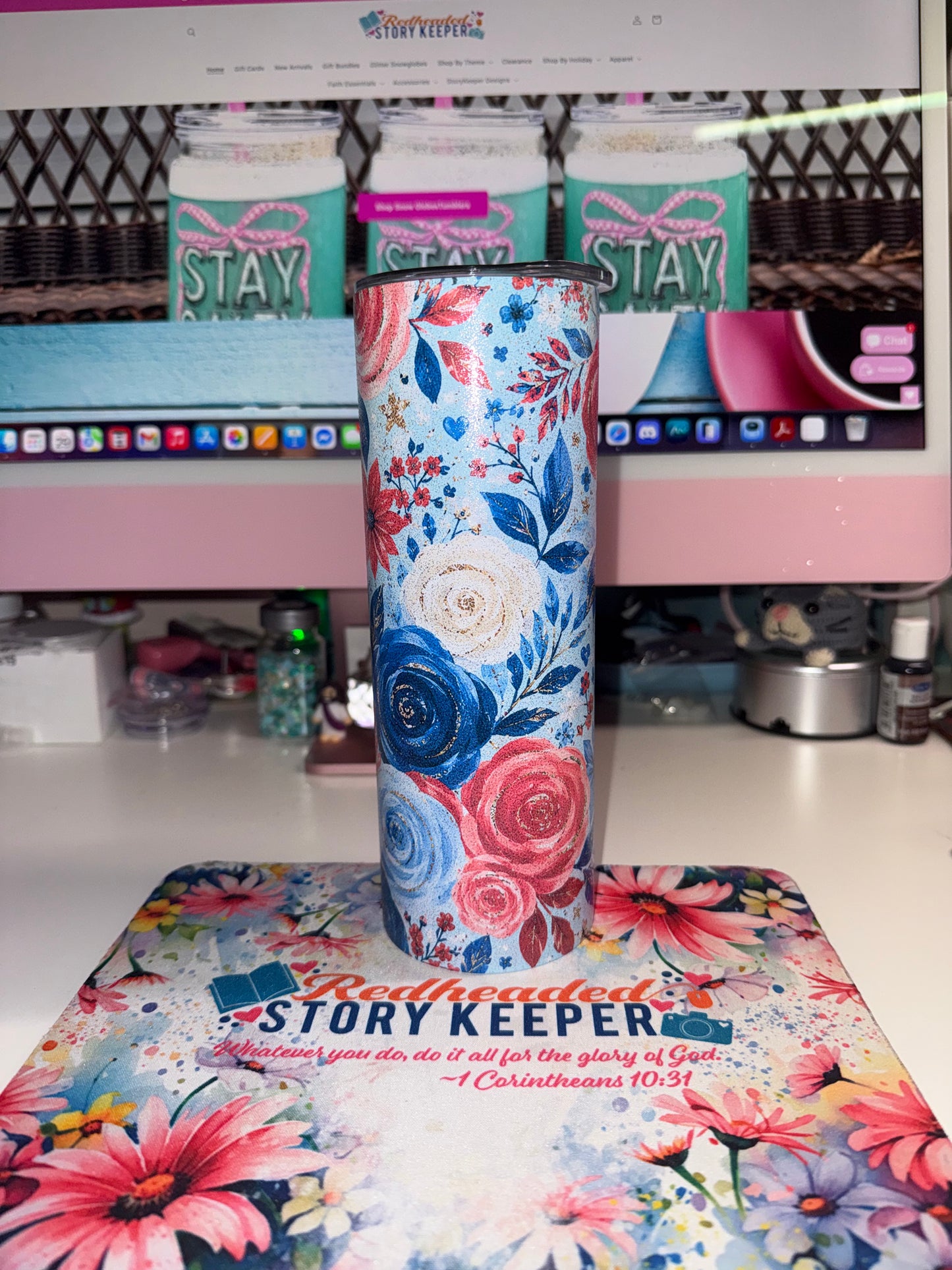 20 oz July Fourth Floral Glitter Tumbler