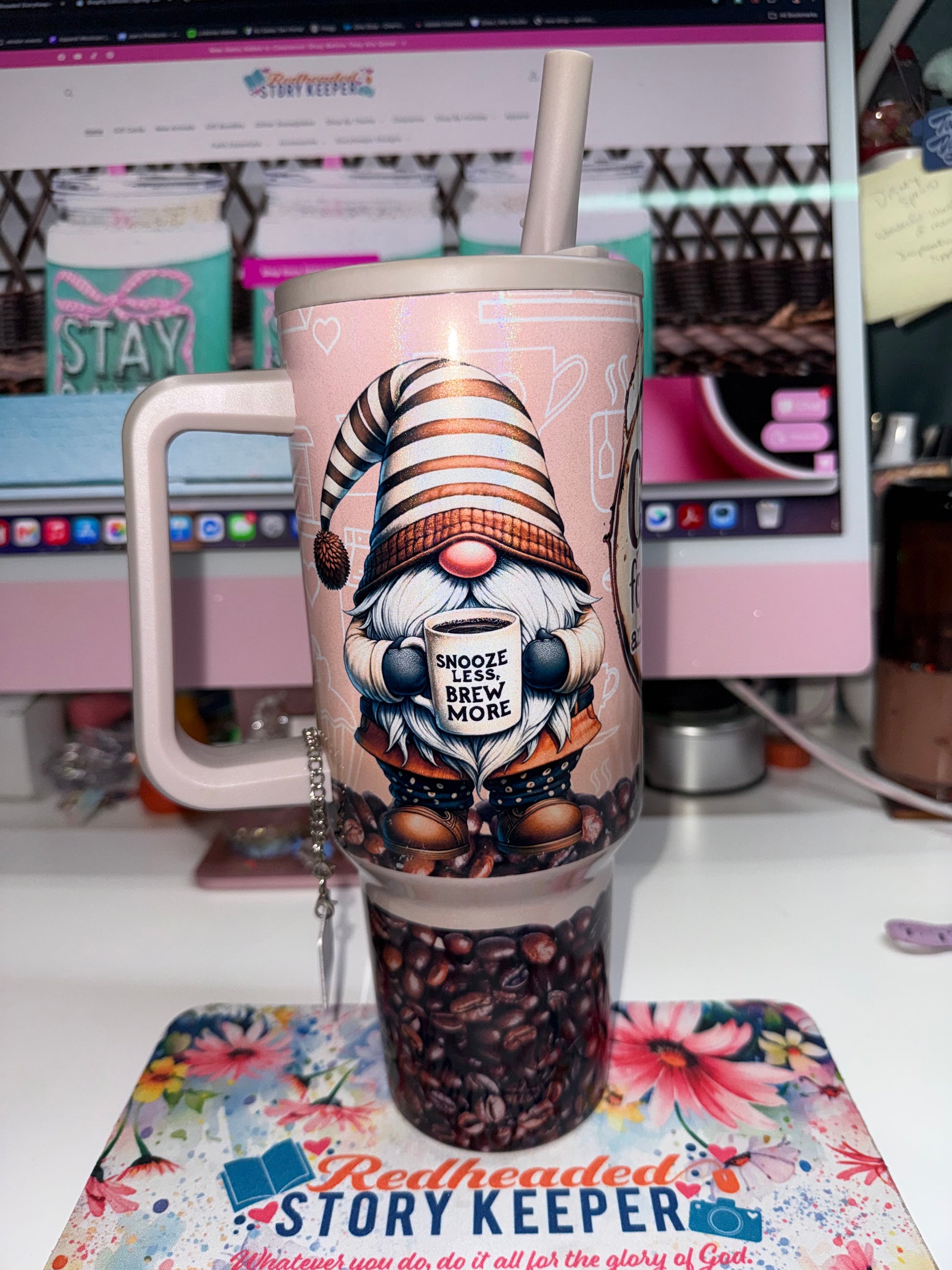 side view gnome holding cup says snooze less, brew more