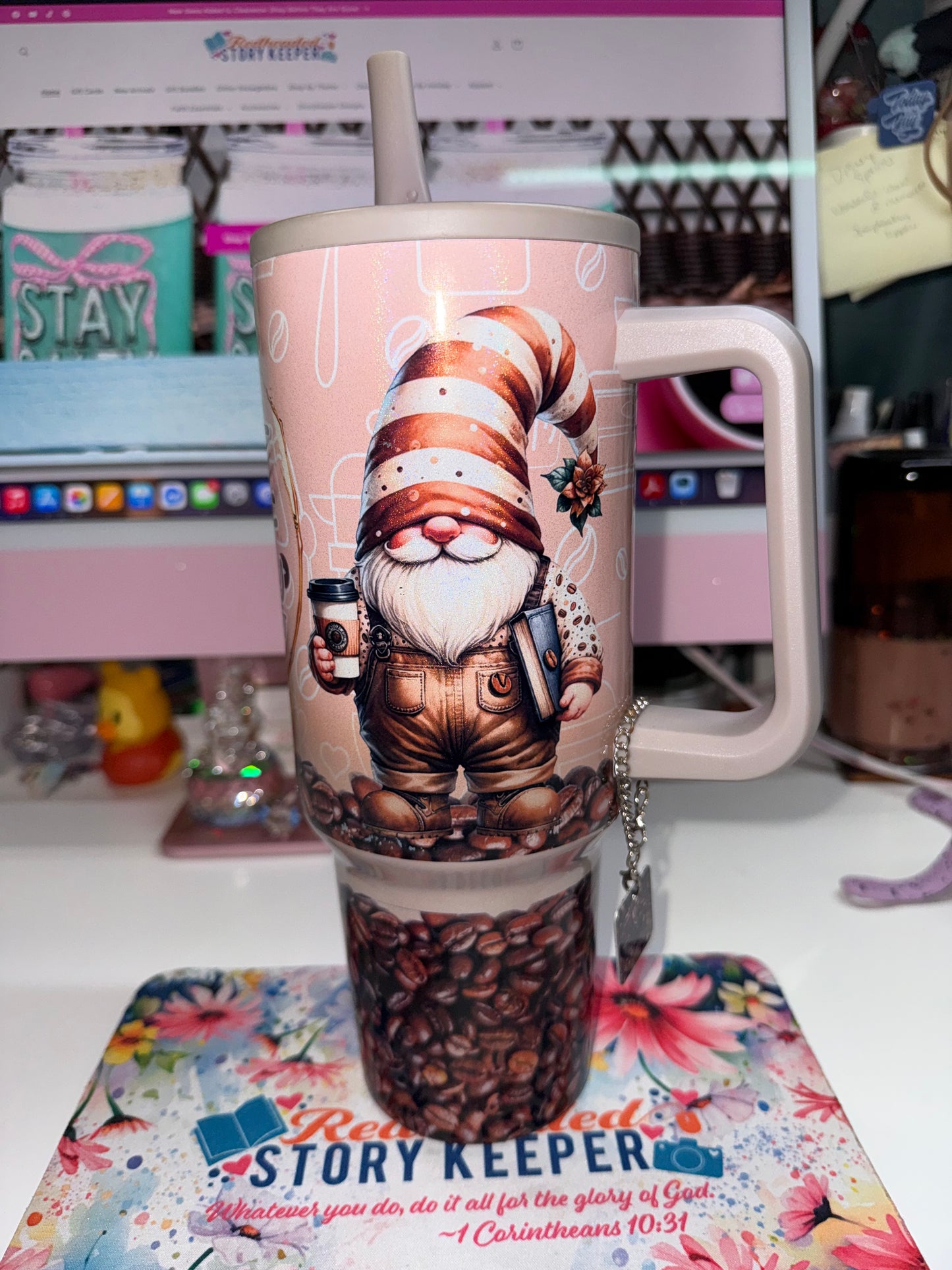 side view gnome holding coffee and books