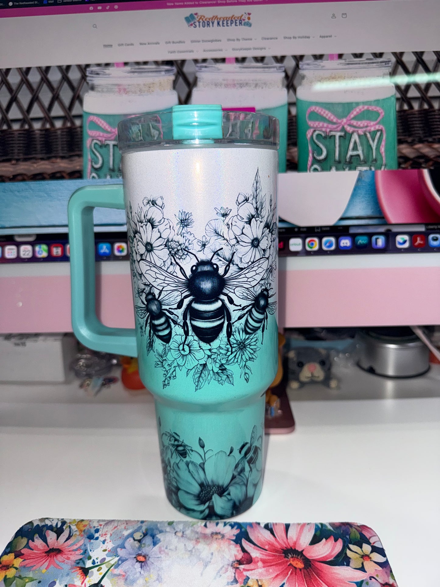 40 oz Coffee First, Mom Later Ombré Mint Holographic Travel Tumbler