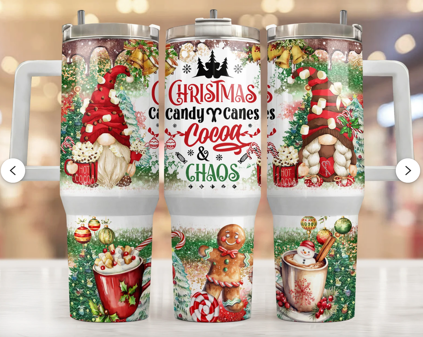 Set of Christmas-themed tumblers with candy cane, cocoa, and gingerbread designs.