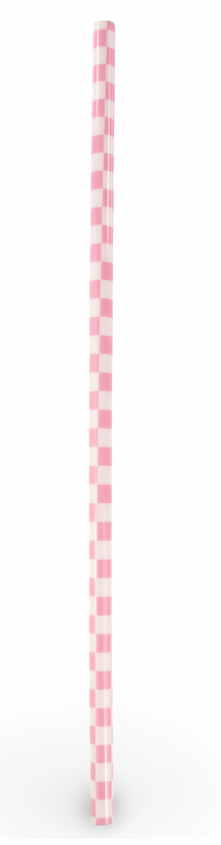 Checkered straw with pink and white pattern on a white background