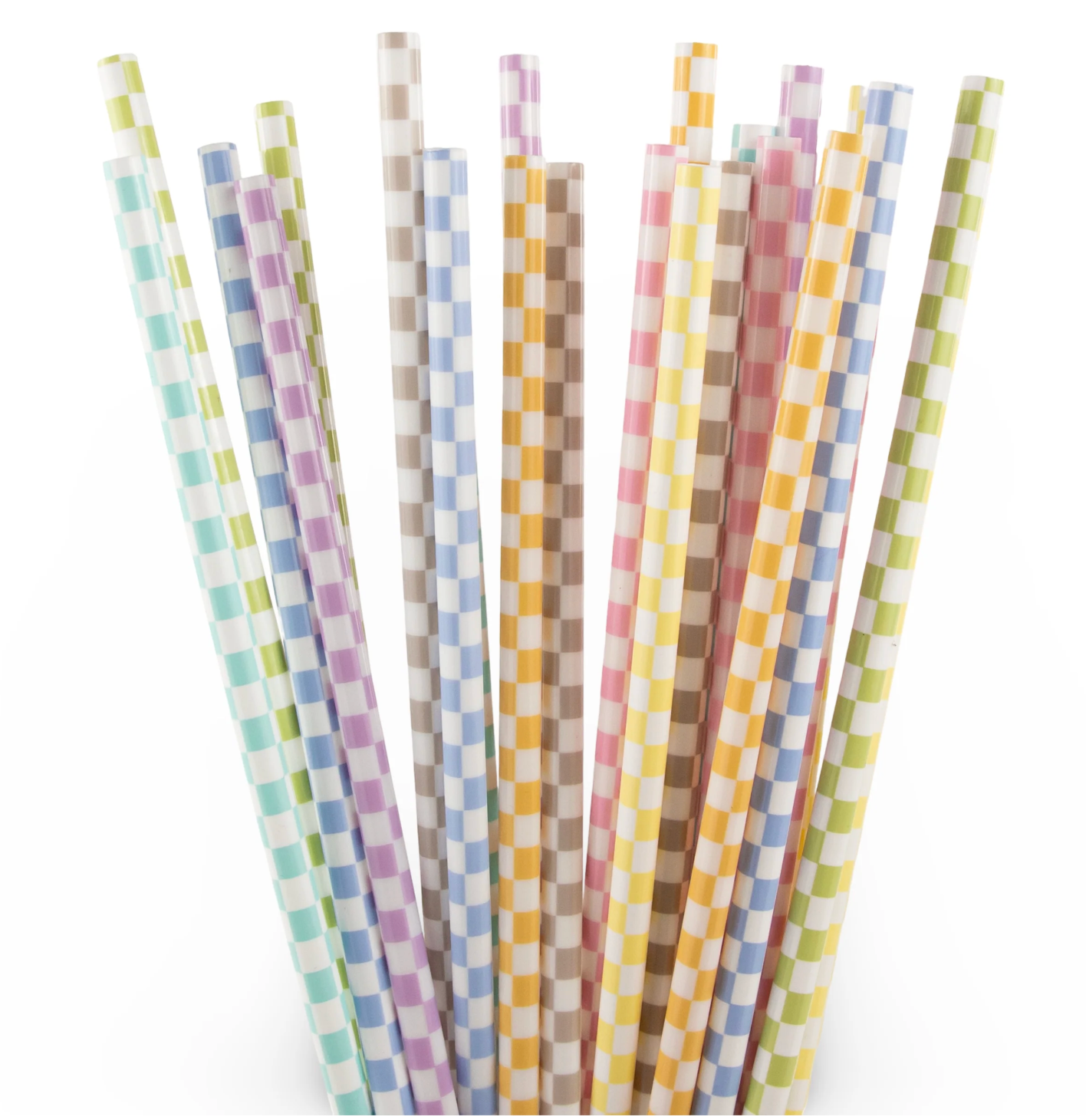 Set of checkered straws in pastel colors on a white background