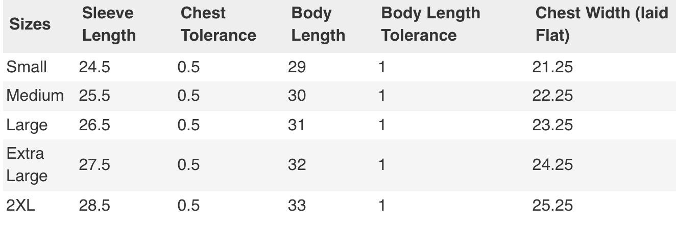 Measurement chart for clothing sizes with sleeve, chest, and body dimensions.