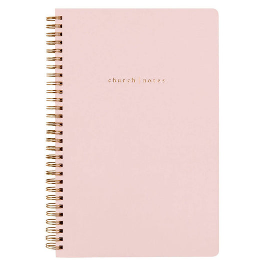 Pink notebook with 'church notes' text on a white background