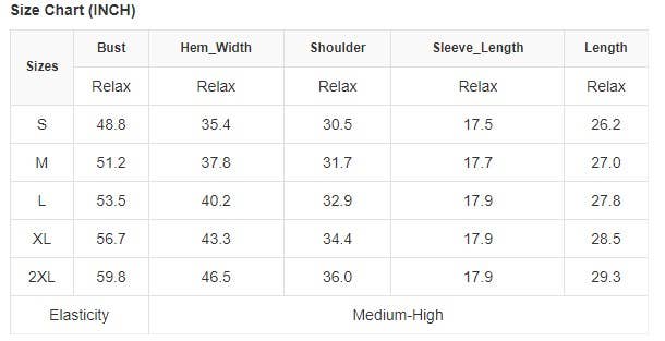 Size chart for clothing measurements in inches with various sizes listed.