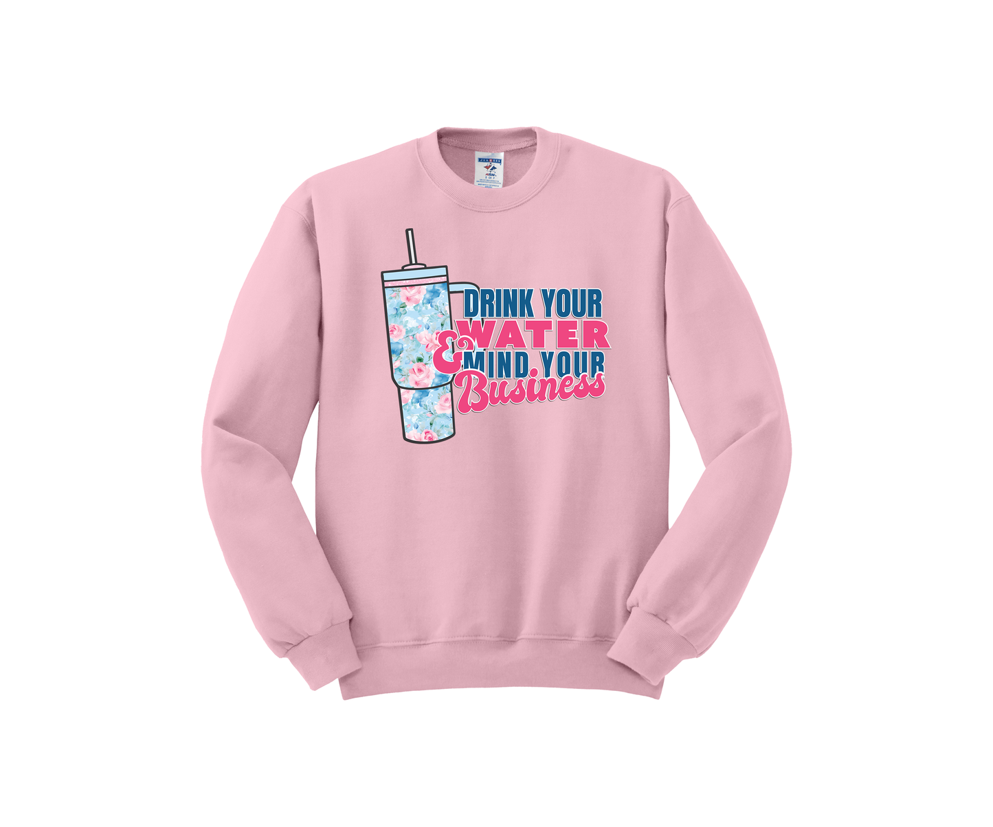 Pink sweatshirt with a floral water bottle graphic and text on a white background