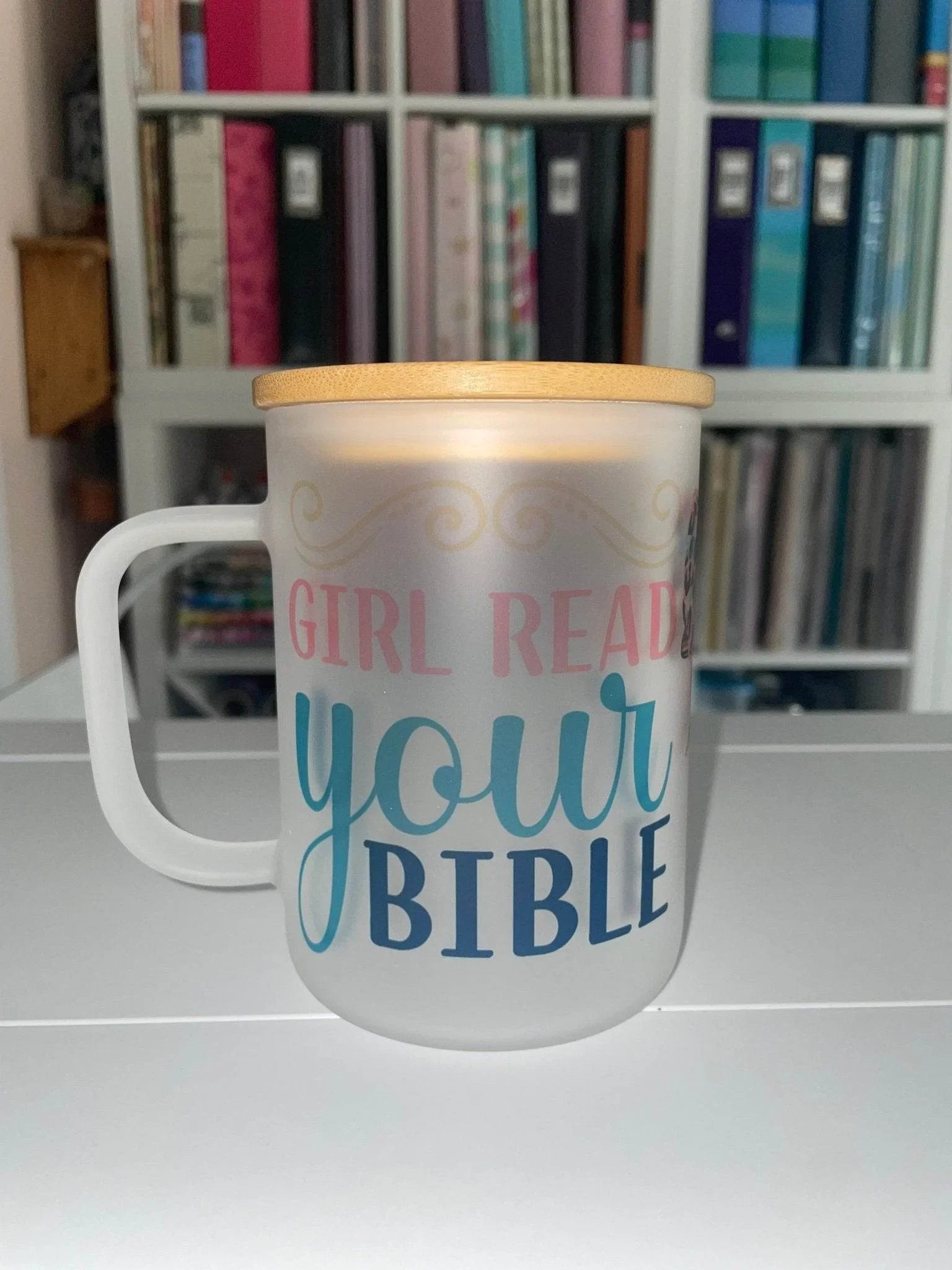 17 oz Frosted Matte Glass Girl Read Your Bible Coffee Mug with Bamboo Lid - The Redheaded StoryKeeper