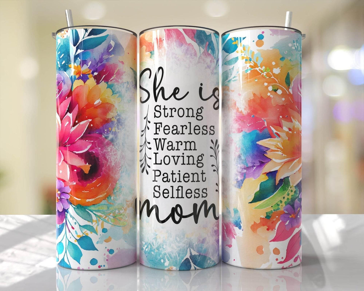 20 oz She Is...Mom Bright Floral Tumbler - The Redheaded StoryKeeper