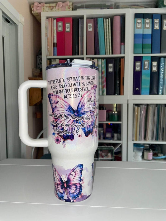 40 oz Purple Butterflies Scripture Holographic Big Swig Tumbler - The Redheaded StoryKeeper