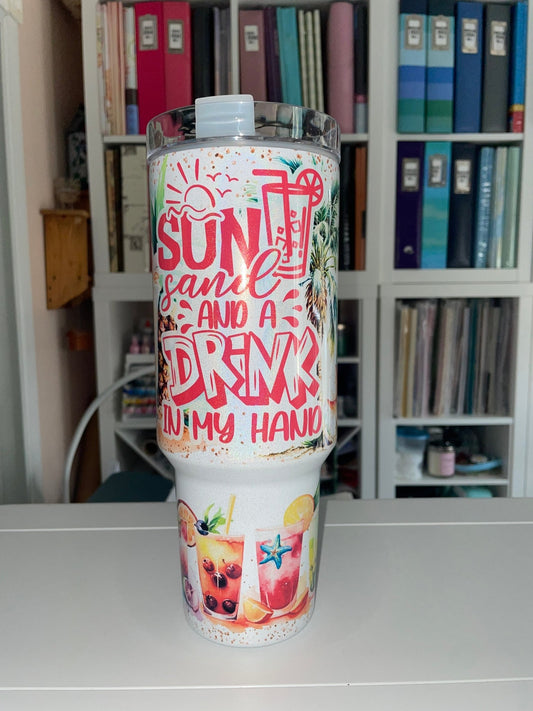40 oz Sun, Sand and a Drink Travel Tumbler - The Redheaded StoryKeeper