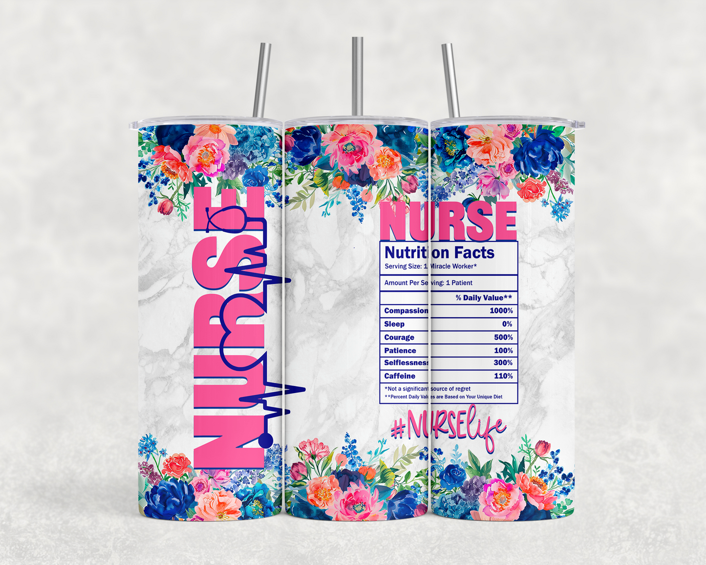 front sides view floral marble #NurseLife Tumbler